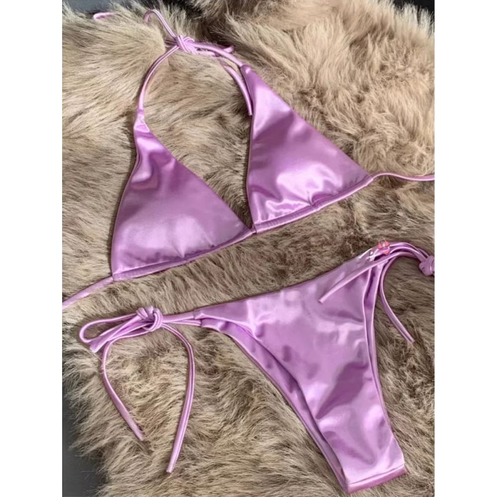 Metallic Satin Halter Bikini – Brazilian High Cut Two-Piece - LightPurple / S On sale