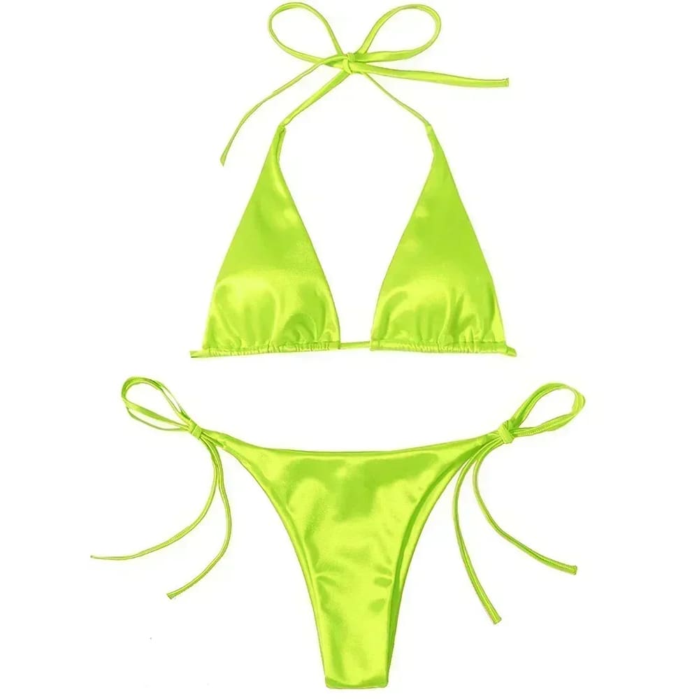 Metallic Satin Halter Bikini – Brazilian High Cut Two-Piece - NeonGreen / S On sale