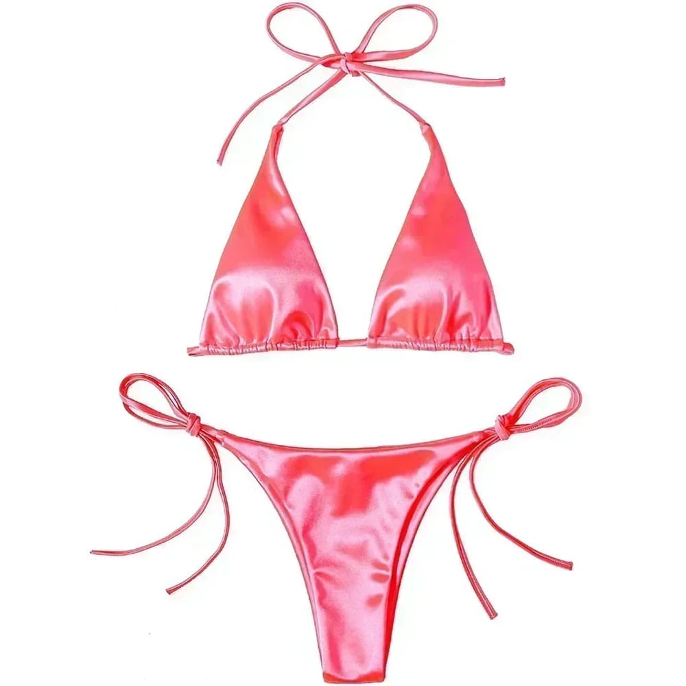 Metallic Satin Halter Bikini – Brazilian High Cut Two-Piece - Pink / S On sale