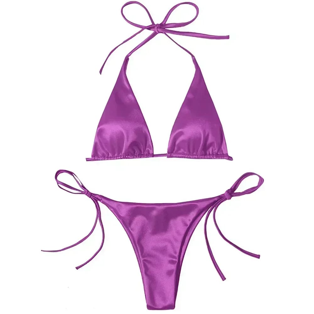 Metallic Satin Halter Bikini – Brazilian High Cut Two-Piece - Purple / S On sale