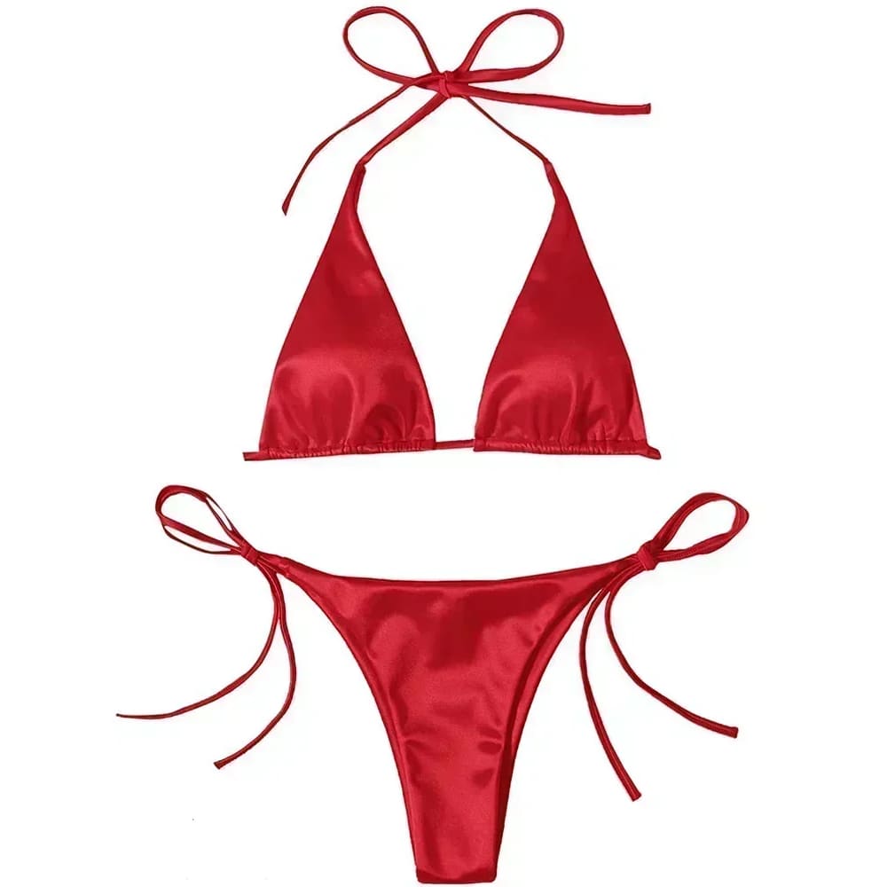 Metallic Satin Halter Bikini – Brazilian High Cut Two-Piece - Red / S On sale