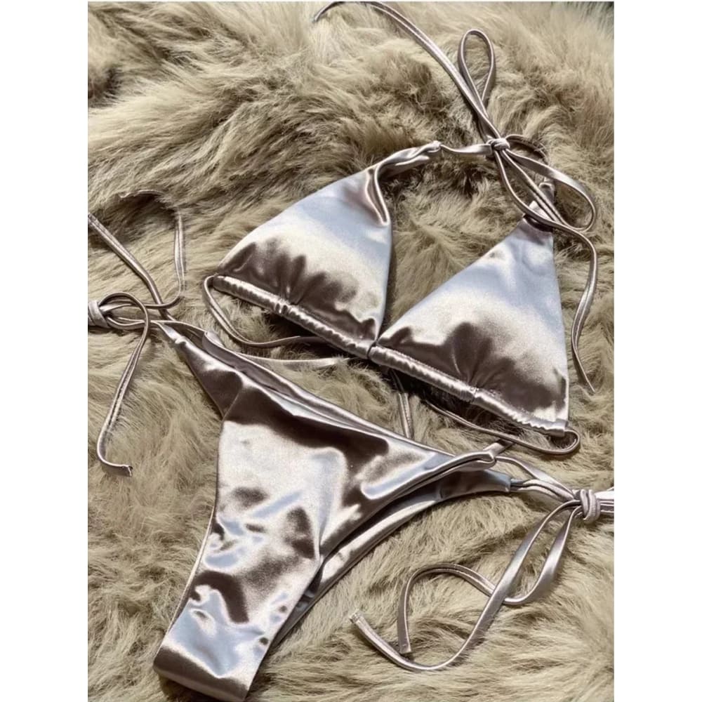 Metallic Satin Halter Bikini – Brazilian High Cut Two-Piece - SilverGray / S On sale