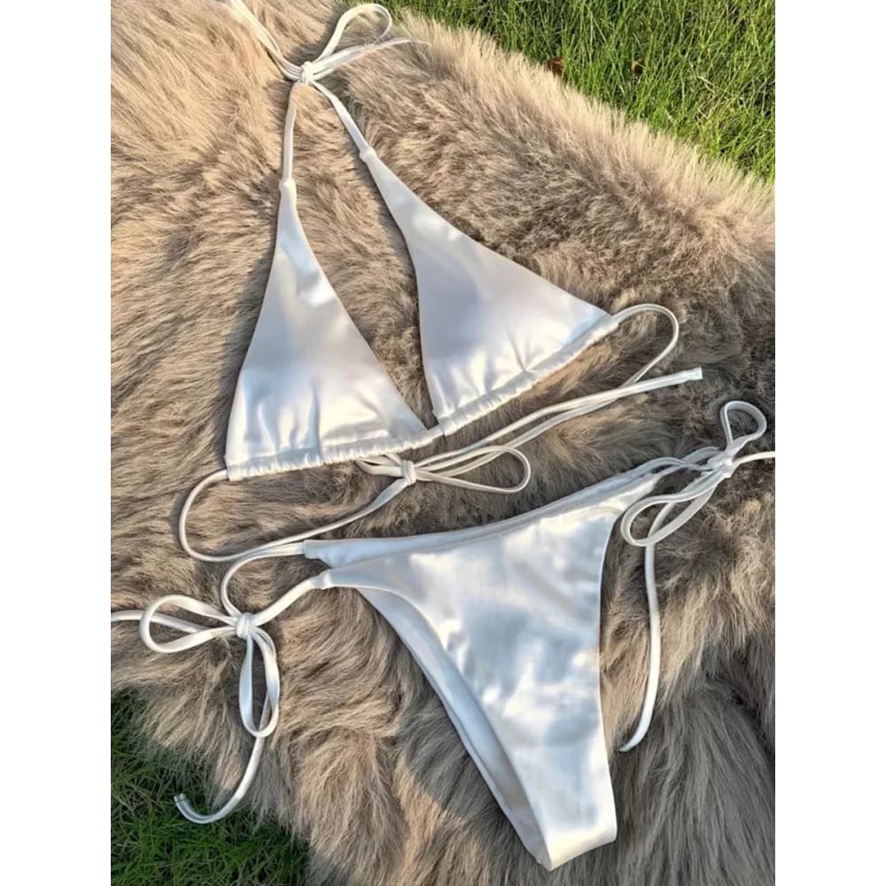 Metallic Satin Halter Bikini – Brazilian High Cut Two-Piece - White / S On sale