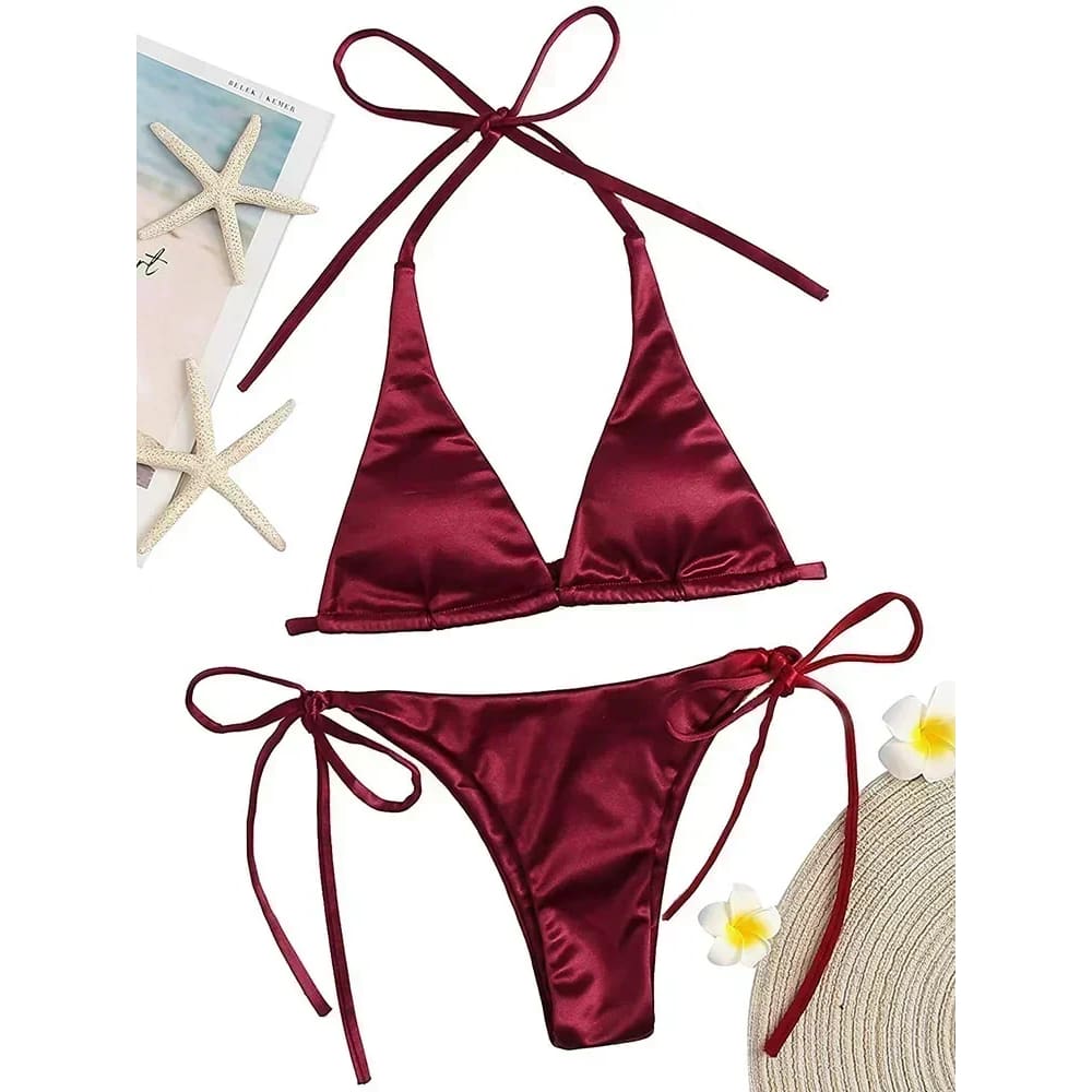 Metallic Satin Halter Bikini – Brazilian High Cut Two-Piece - Wine / S On sale