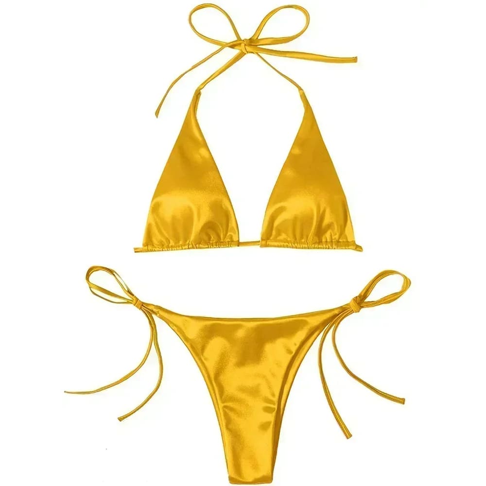 Metallic Satin Halter Bikini – Brazilian High Cut Two-Piece - Yellow / S On sale