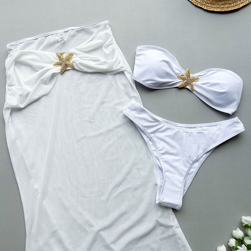 Metallic Starfish Bandeau Bikini & Sheer Skirt Set - On sale