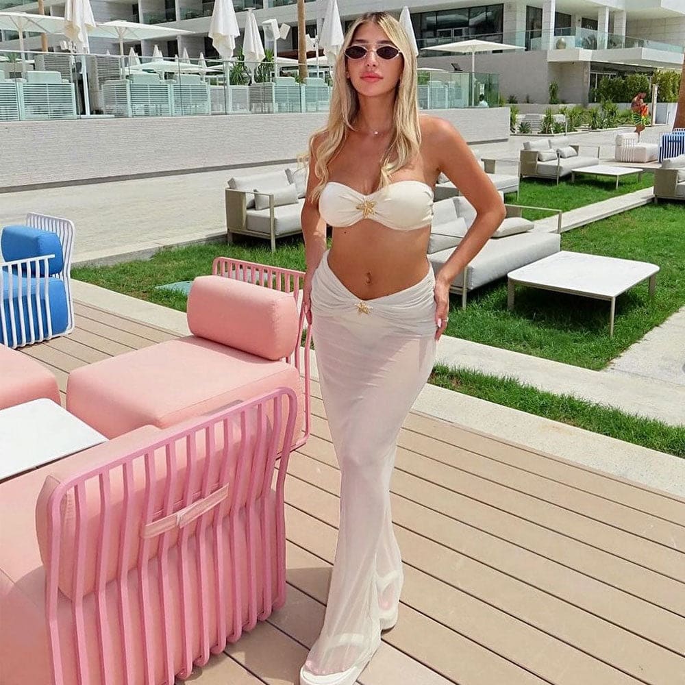 Metallic Starfish Bandeau Bikini & Sheer Skirt Set - White / S On sale