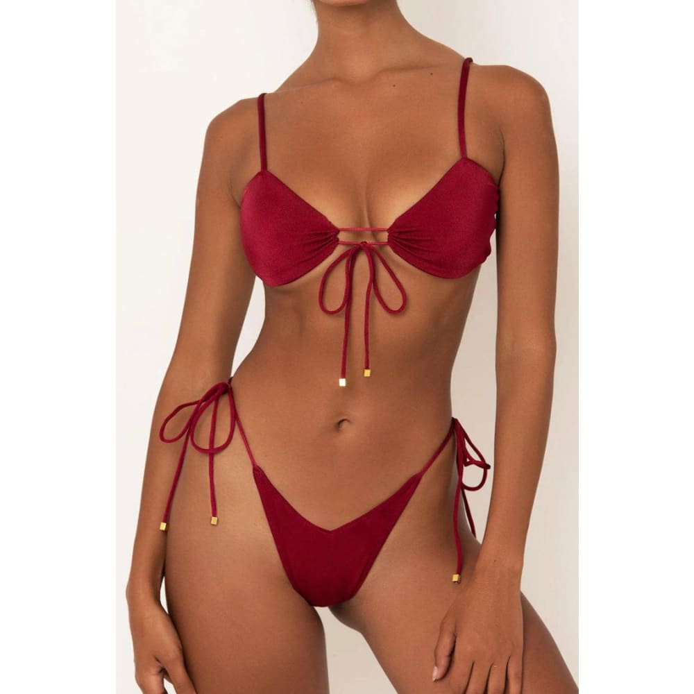 Metallic String Brazilian Cheeky Keyhole Bikini Set - Burgundy / S On sale