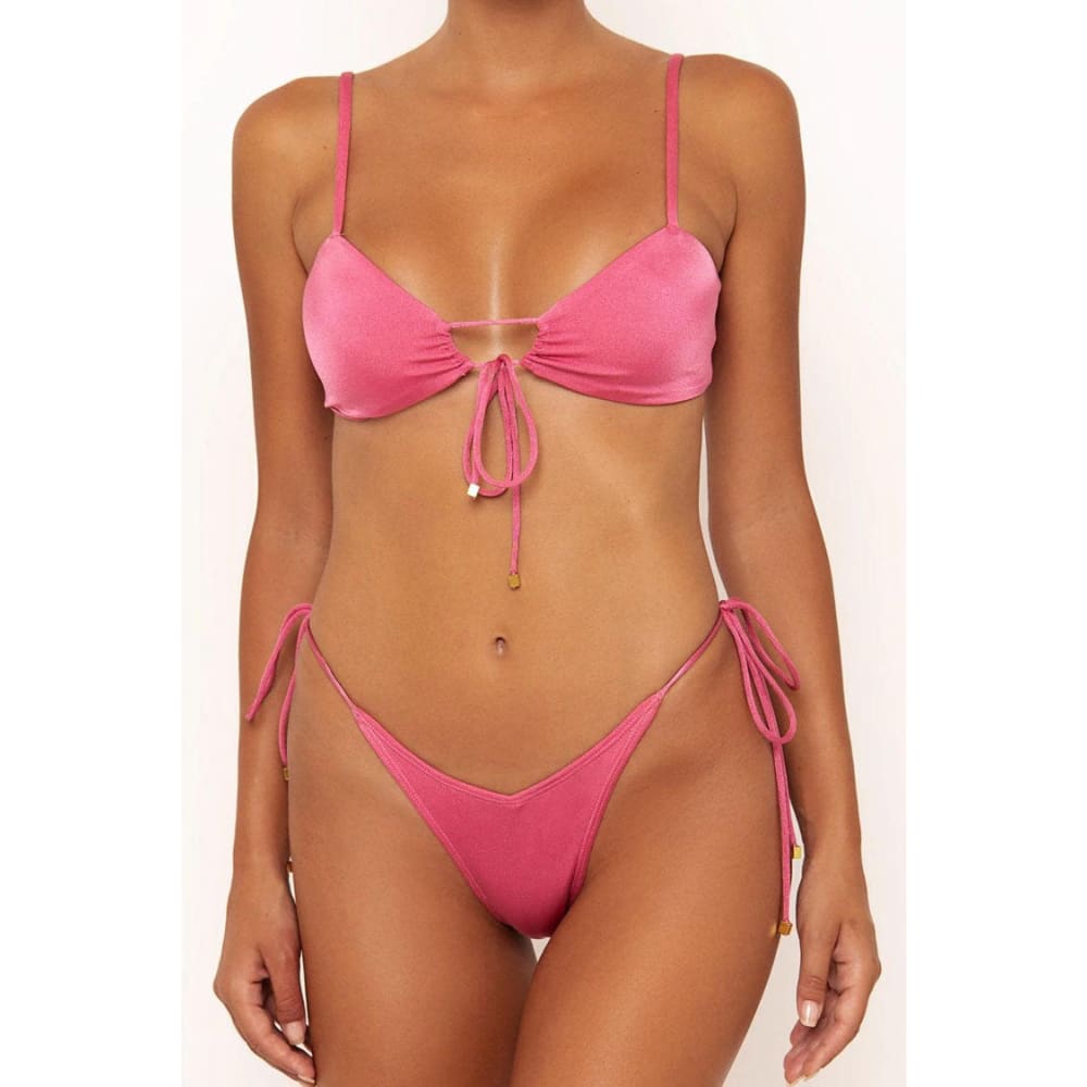 Metallic String Brazilian Cheeky Keyhole Bikini Set - Pink / S On sale