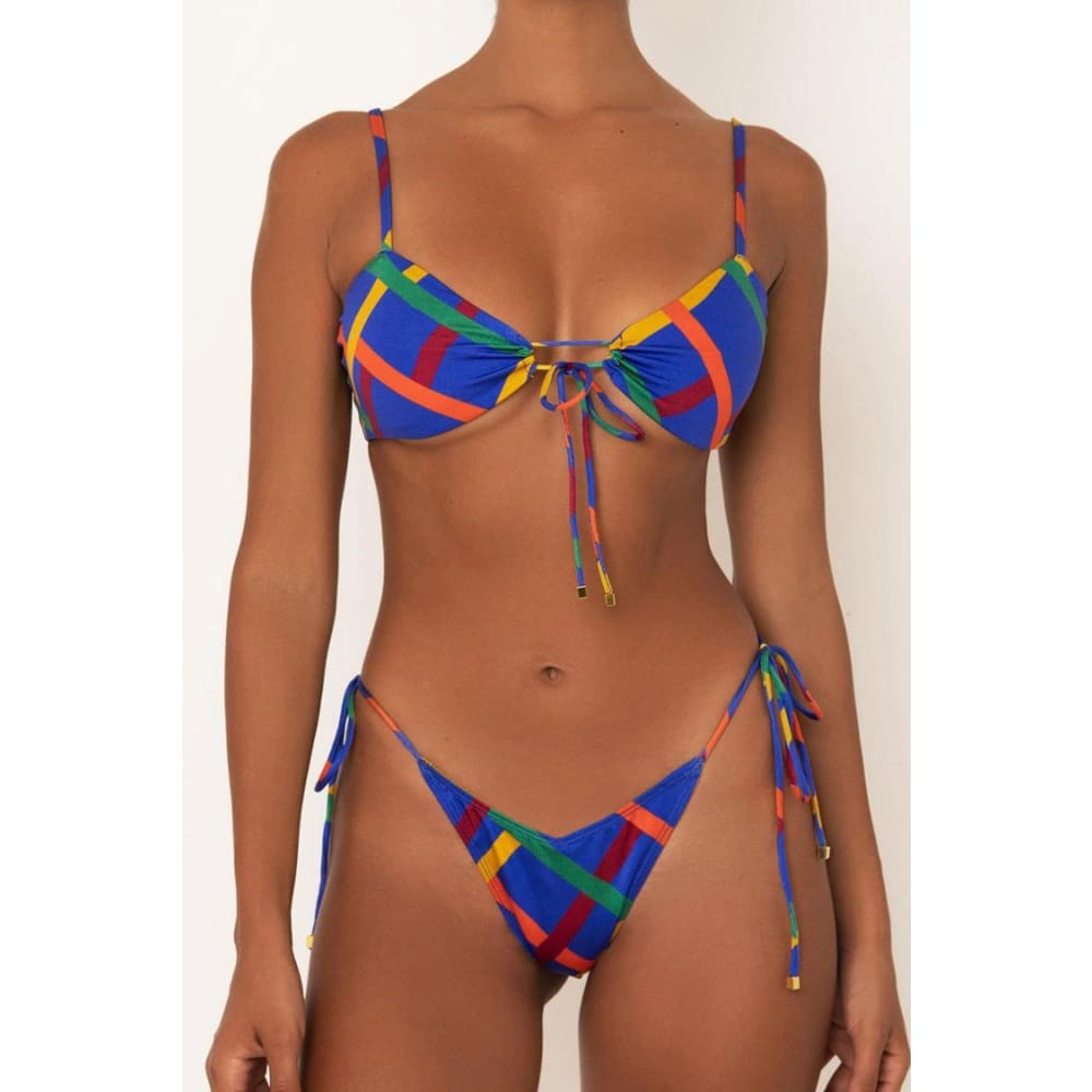 Metallic String Brazilian Cheeky Keyhole Bikini Set - Royal Blue / S On sale