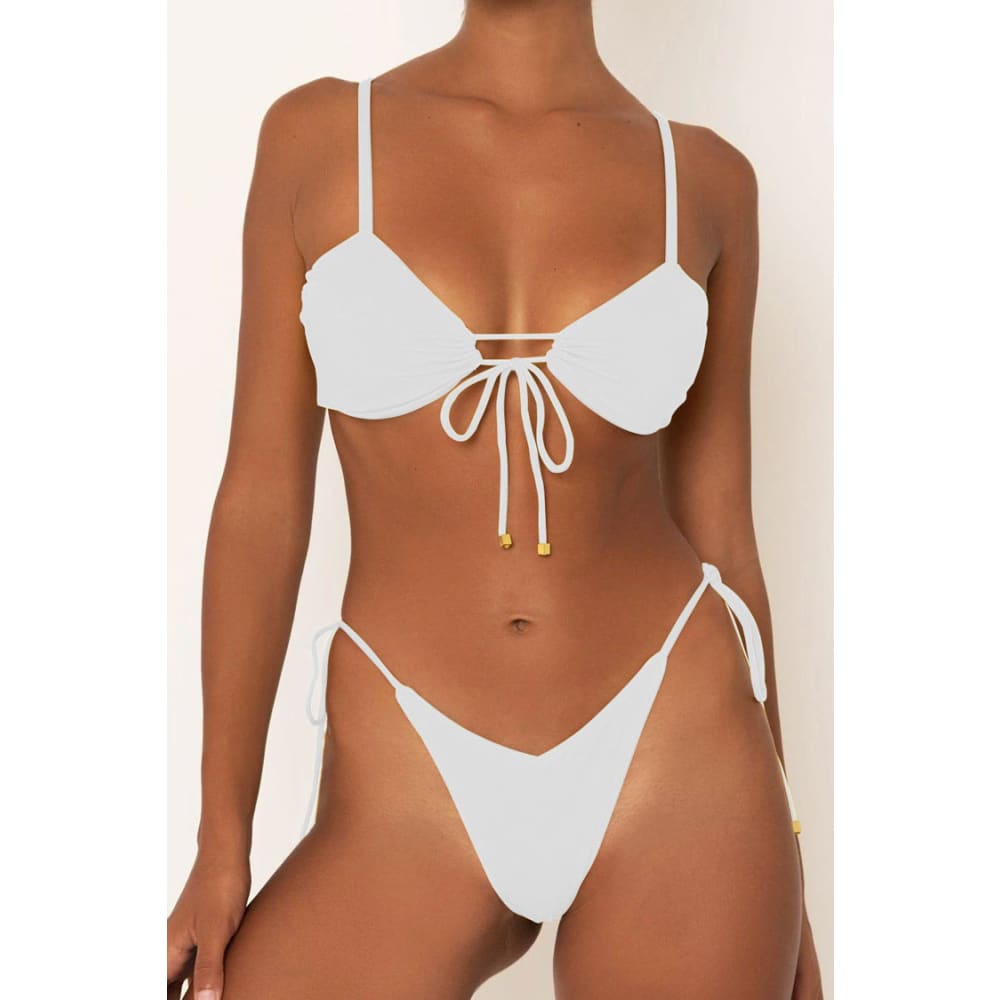 Metallic String Brazilian Cheeky Keyhole Bikini Set - White / S On sale