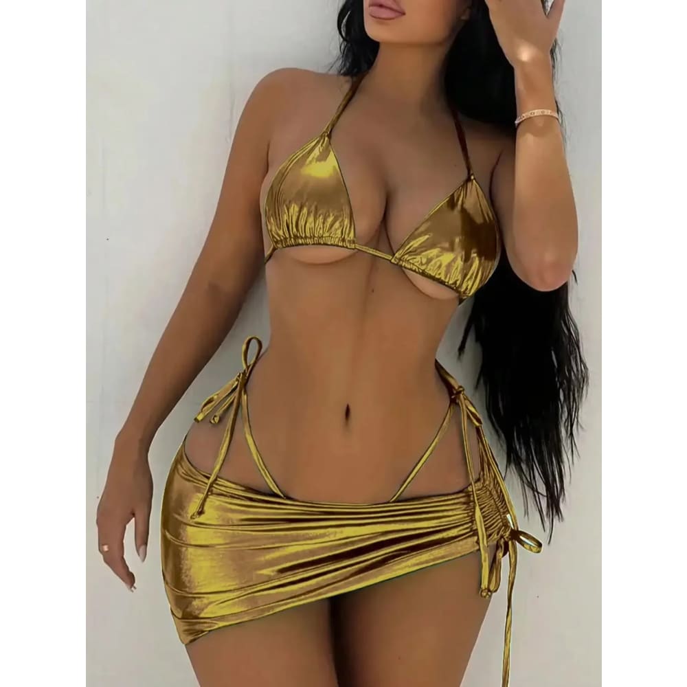 Metallic Triangle Bikini Set with Beach Skirt Cover‑Up - Gold / XS On sale