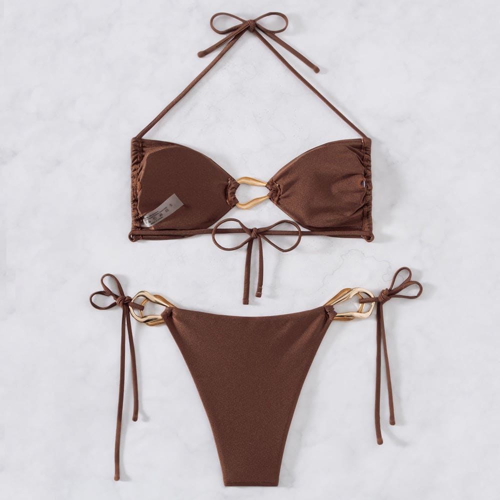Metallic Trim Tie-Side Ruched Triangle Brazilian Bikini Set - On sale