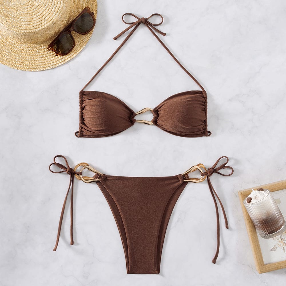 Metallic Trim Tie-Side Ruched Triangle Brazilian Bikini Set - On sale