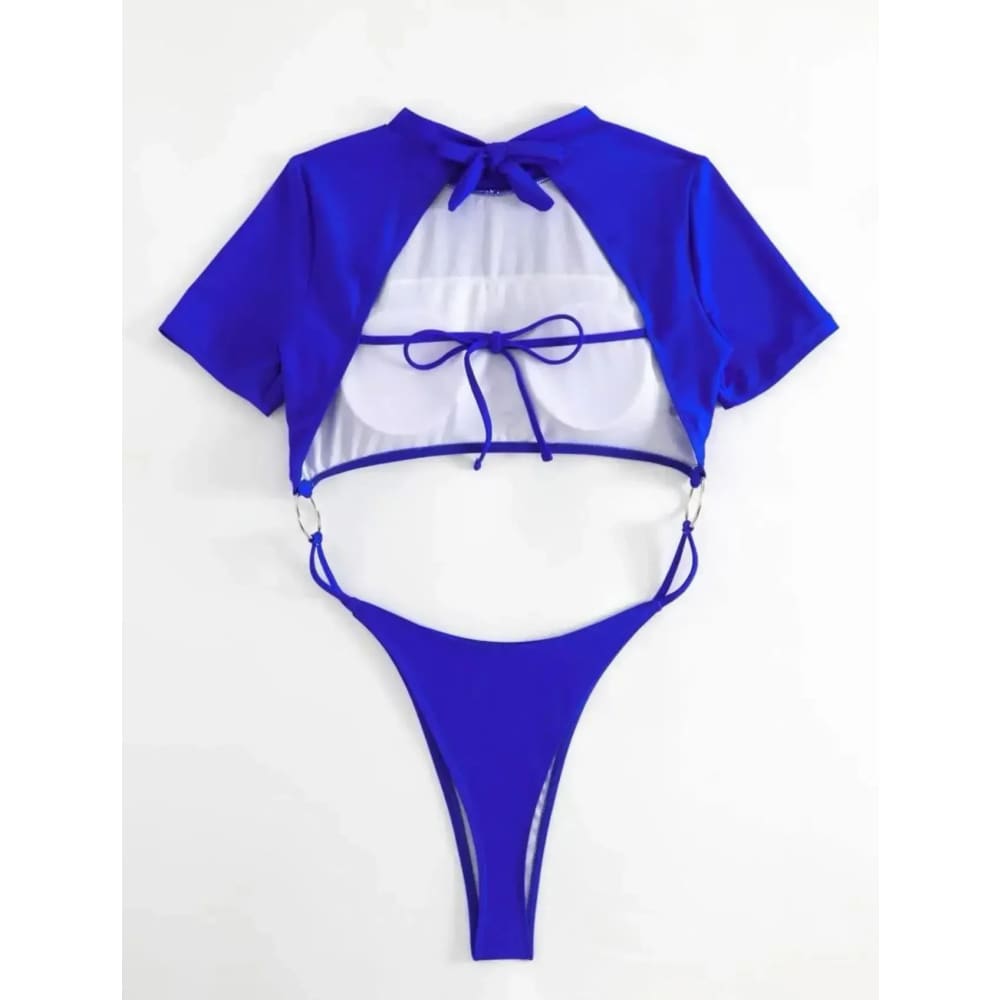 Micro Thong Cut‑Out Short‑Sleeve One‑Piece Swimsuit - On sale