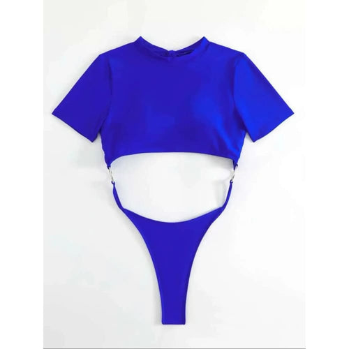 Micro thong cut-out short-sleeve one-piece swimsuit, blue front view