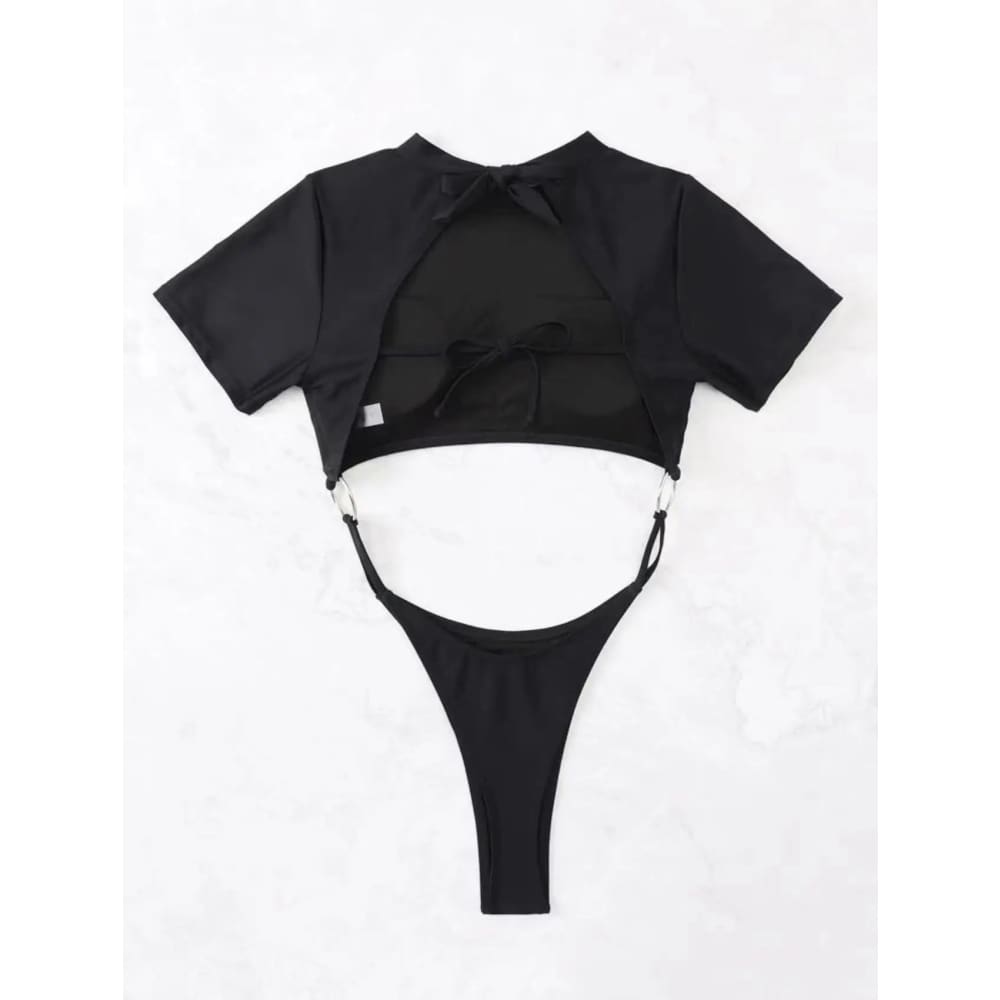 Micro Thong Cut‑Out Short‑Sleeve One‑Piece Swimsuit - On sale
