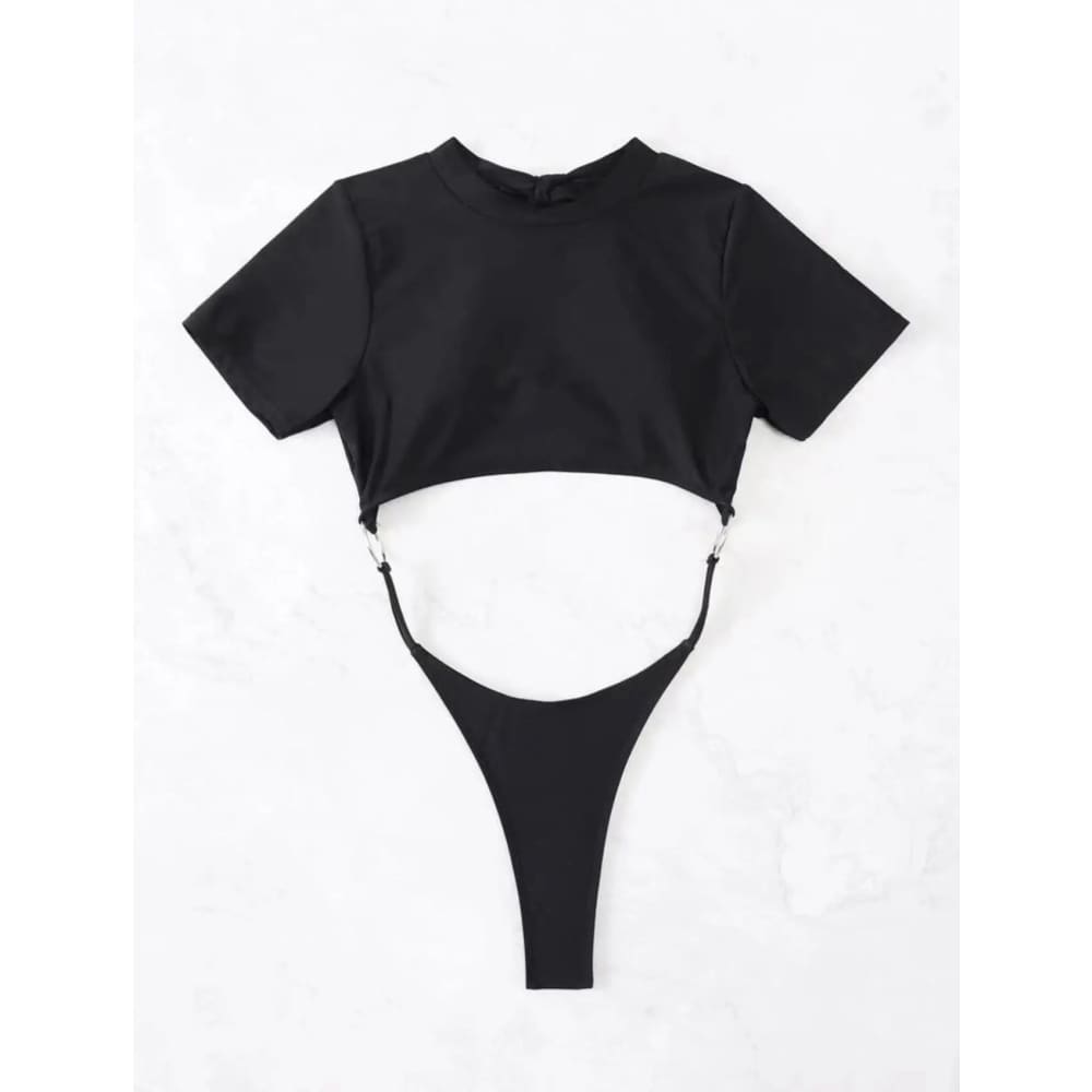 Micro Thong Cut‑Out Short‑Sleeve One‑Piece Swimsuit - On sale