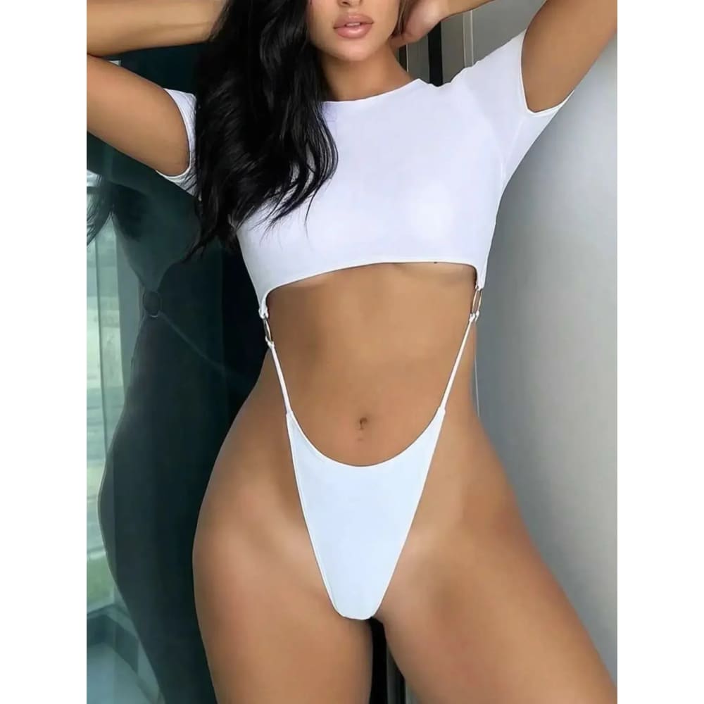 Micro Thong Cut‑Out Short‑Sleeve One‑Piece Swimsuit - WHITE / S On sale