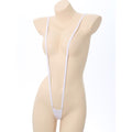 Minimal Coverage Micro Bikini one-piece in white with adjustable straps, back view on mannequin