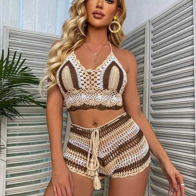 Multi Color Knitted Rainbow Striped Off Shoulder Crochet Bikini - Beige / L On sale
