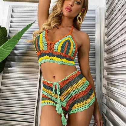 Multi Color Knitted Rainbow Striped Off Shoulder Crochet Bikini - Green / M On sale