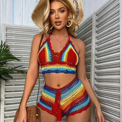 Multi Color Knitted Rainbow Striped Off Shoulder Crochet Bikini - Red / L On sale