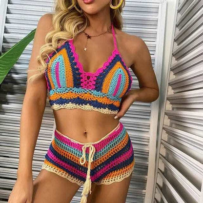 Multi Color Knitted Rainbow Striped Off Shoulder Crochet Bikini - Rose Red / L On sale