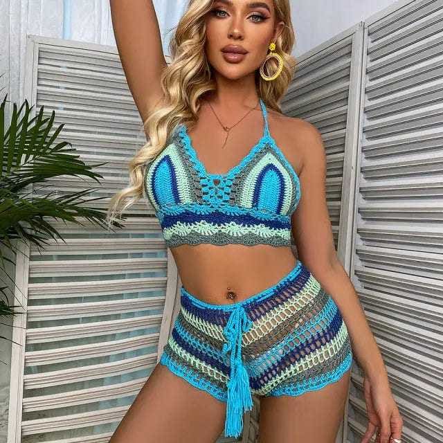 Multi Color Knitted Rainbow Striped Off Shoulder Crochet Bikini - Sky Blue / L On sale