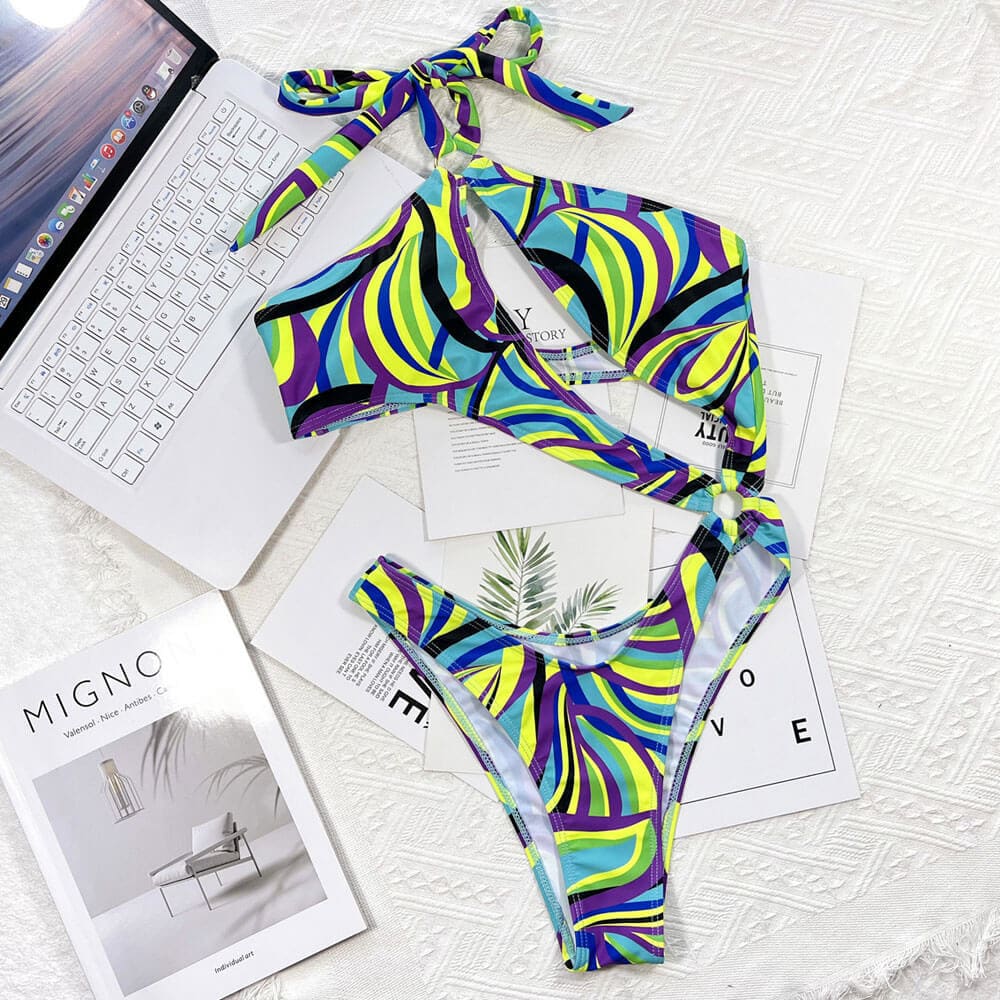 Multi Print O Ring Halter Brazilian One Piece Swimsuit - On sale