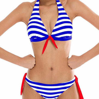 Nautical striped knotted Halter Bikini Swimsuit - blue / L On sale