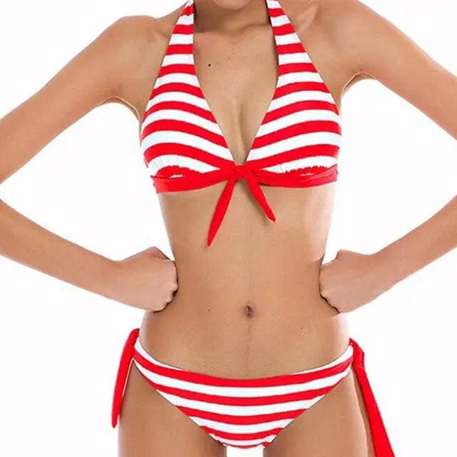 Nautical striped knotted Halter Bikini Swimsuit - red / L On sale