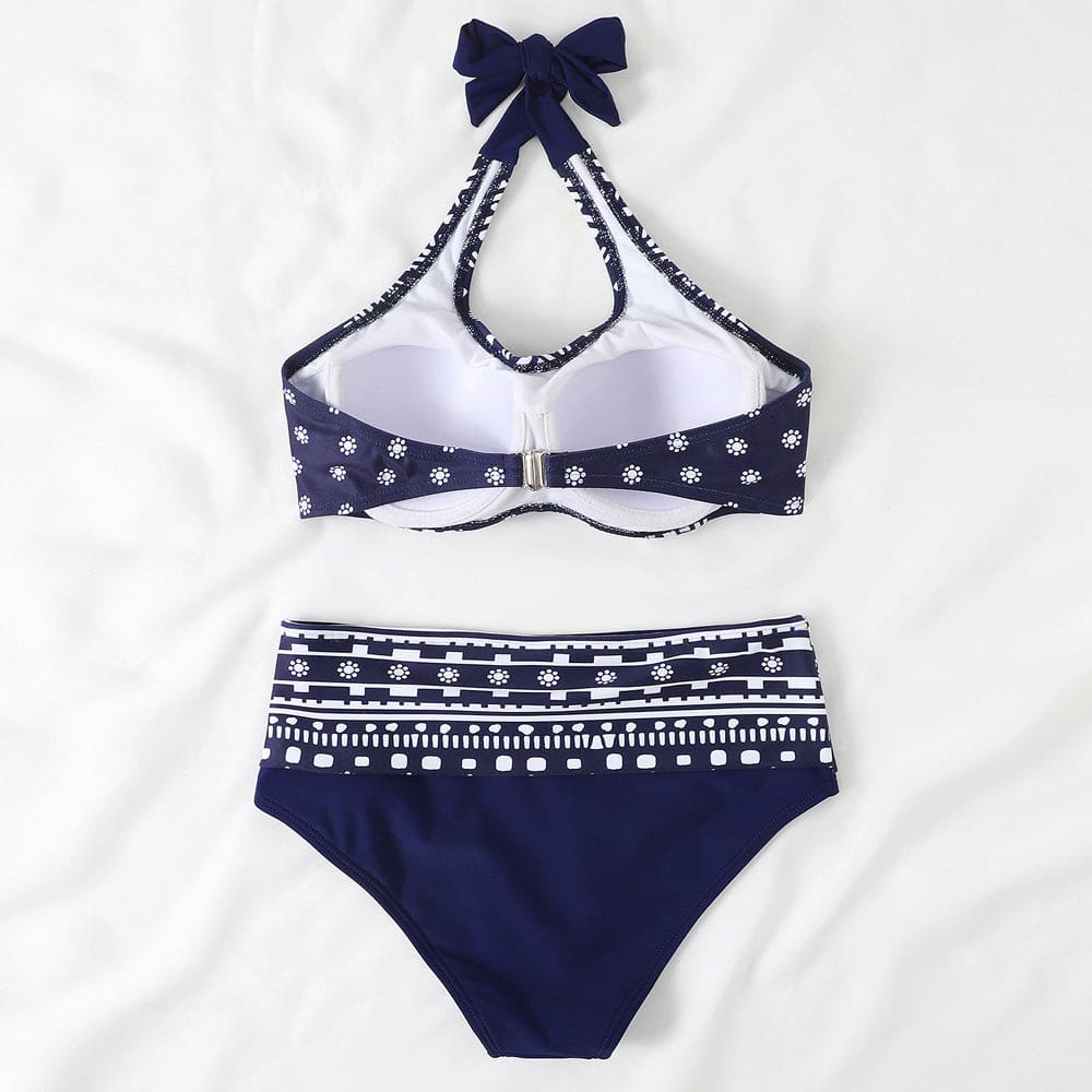 Underwire halter bikini top with bow, navy boho print, matching high-cut briefs