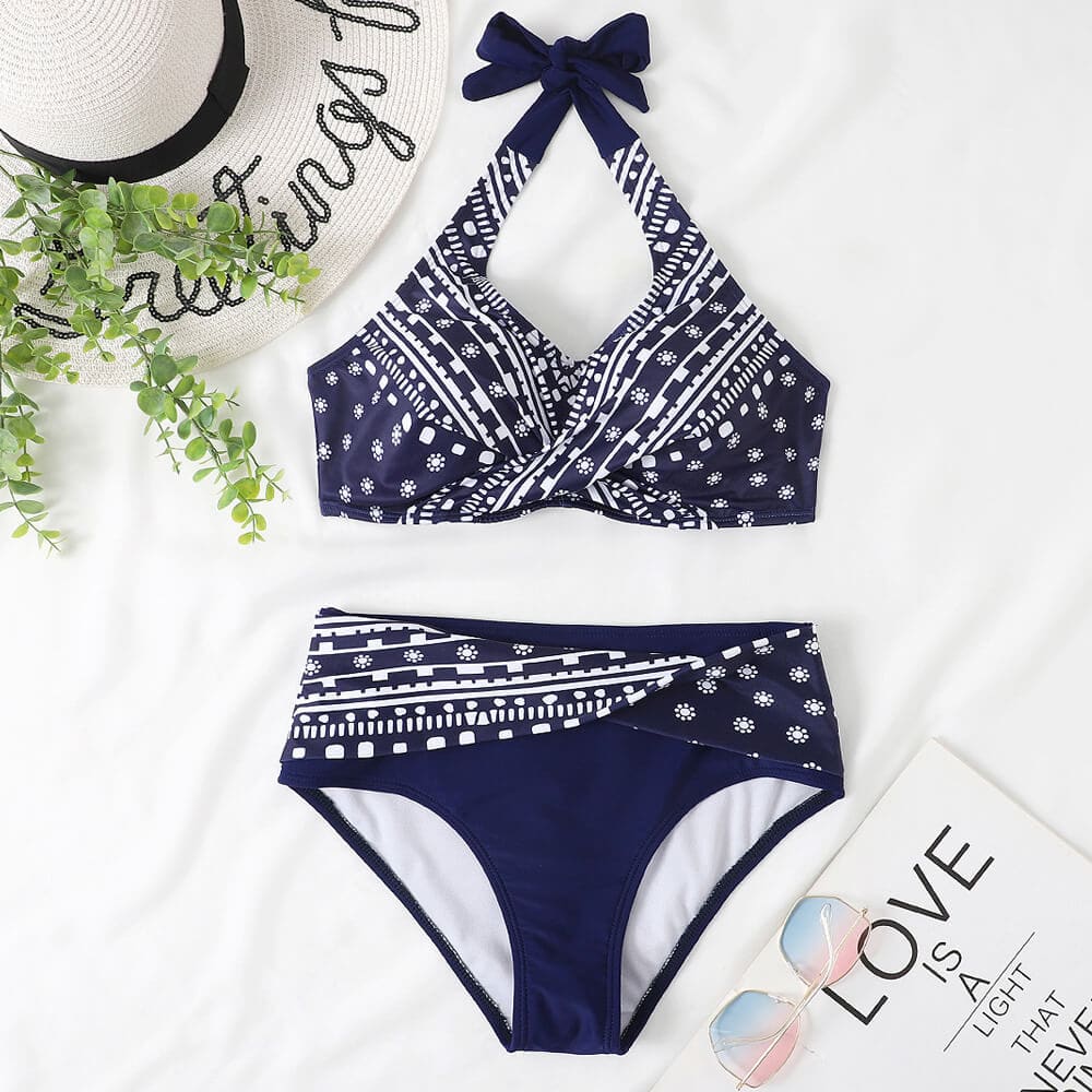 Navy boho printed bikini set with bow halter top and matching Brazilian briefs