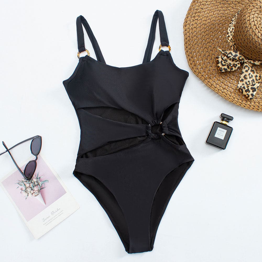 O Ring Square Neck Floral Cutout One Piece Swimsuit - On sale