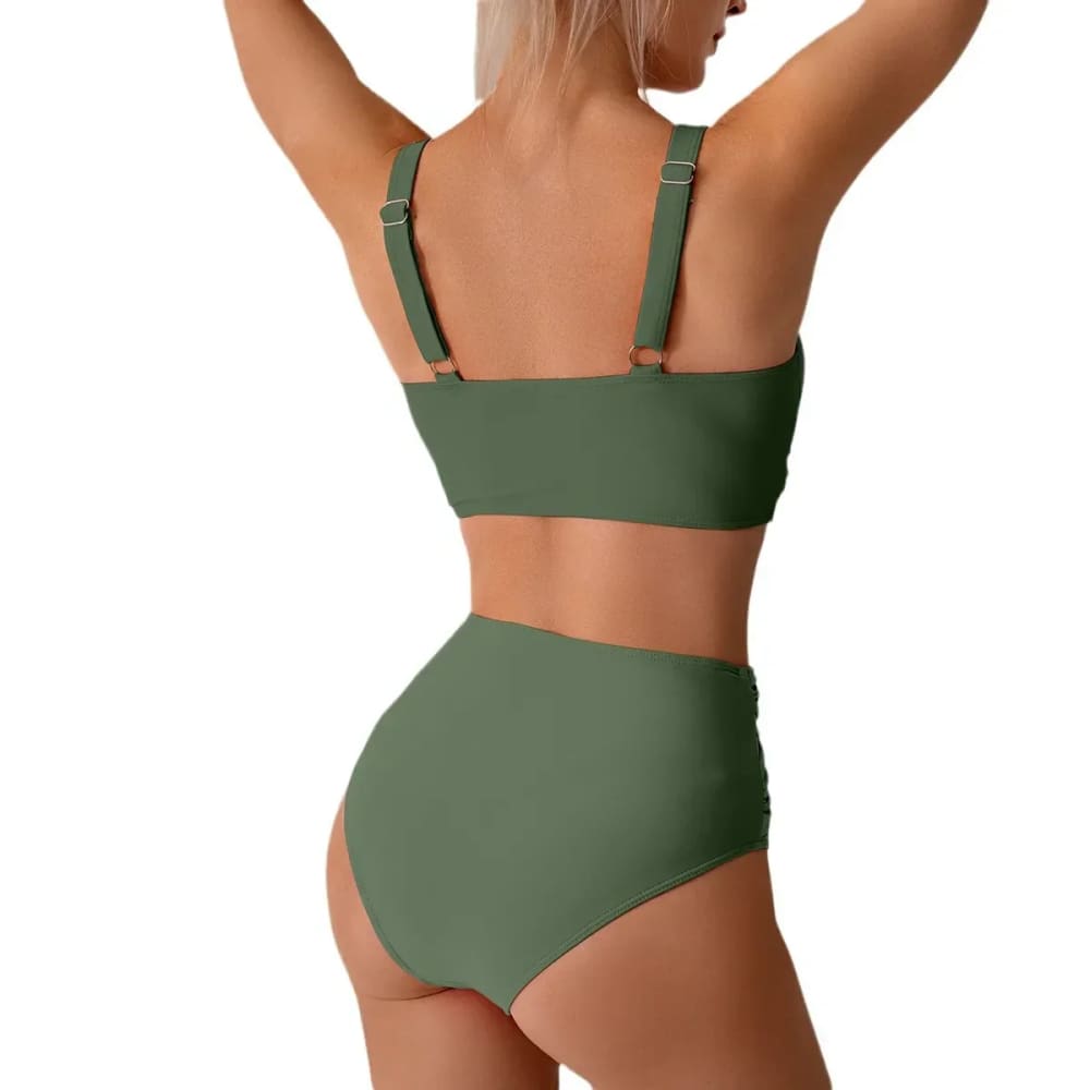 Olive green high-waisted two-piece bikini with adjustable straps and side ties perfect for sexy swimwear sets width 750px