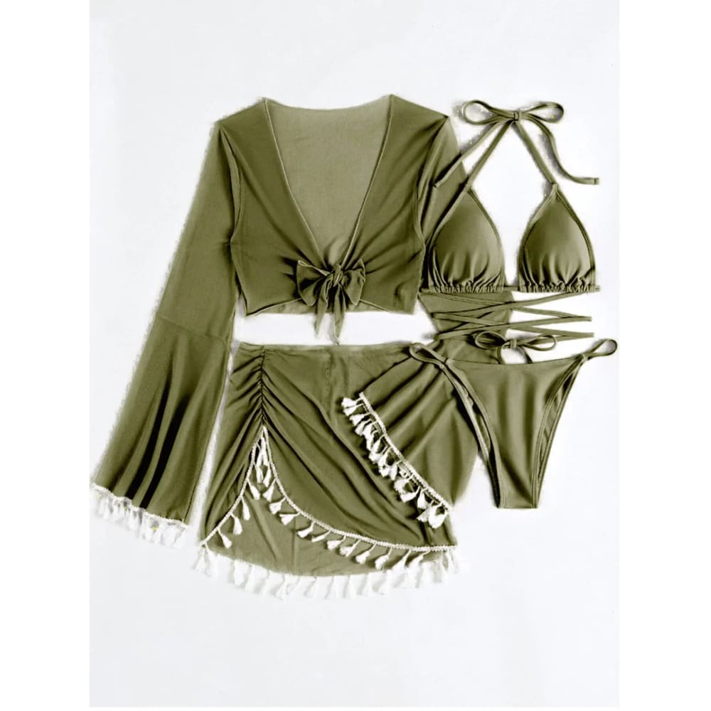 Olive green boho tassel bikini set featuring a tie-front crop top with long sleeves and a tassel skirt with ruching
