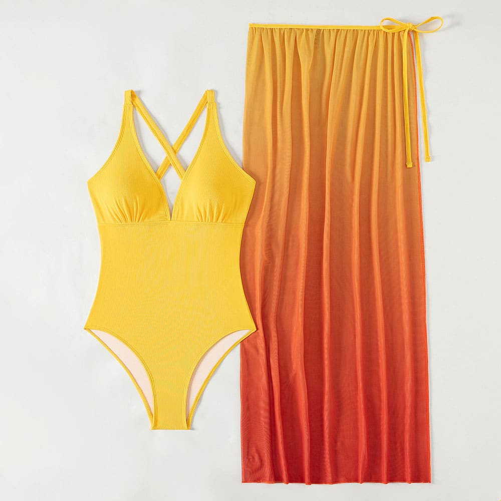 Ombré V Neck Sarong Brazilian Swimsuit - On sale