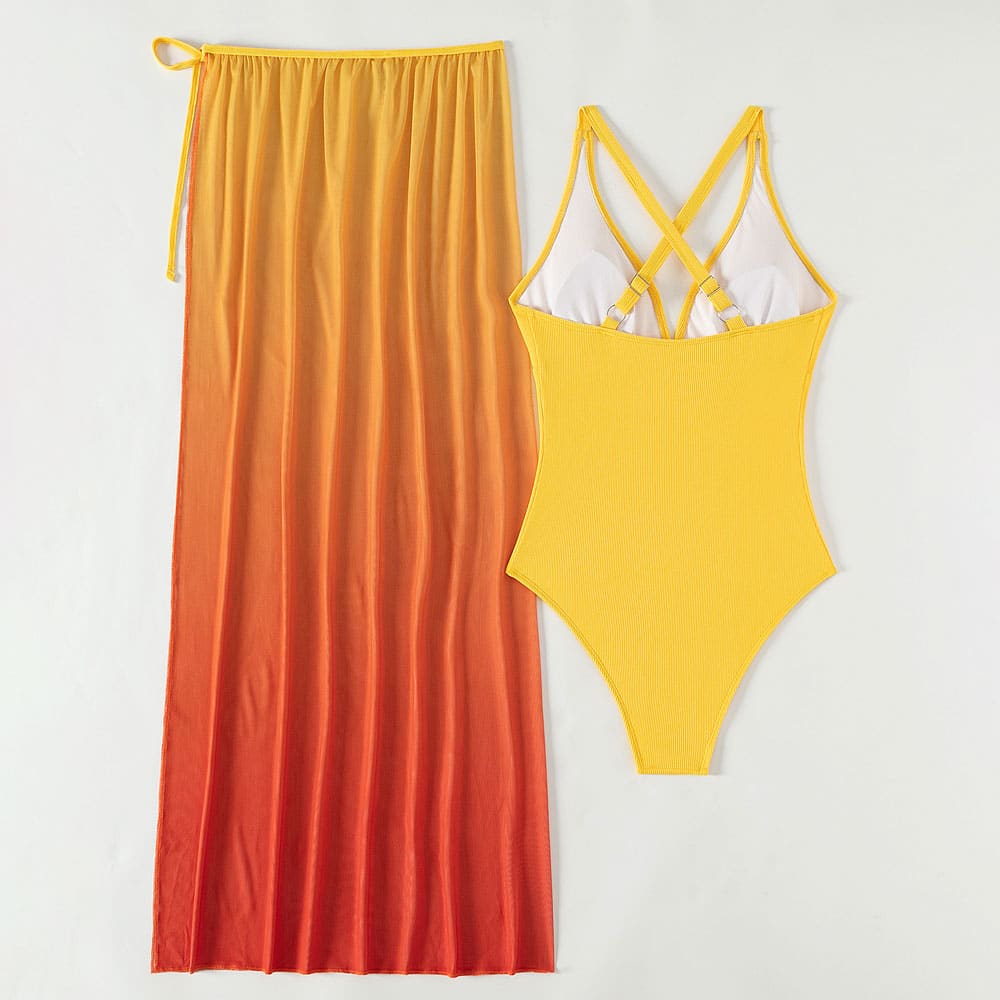 Ombré V Neck Sarong Brazilian Swimsuit - On sale