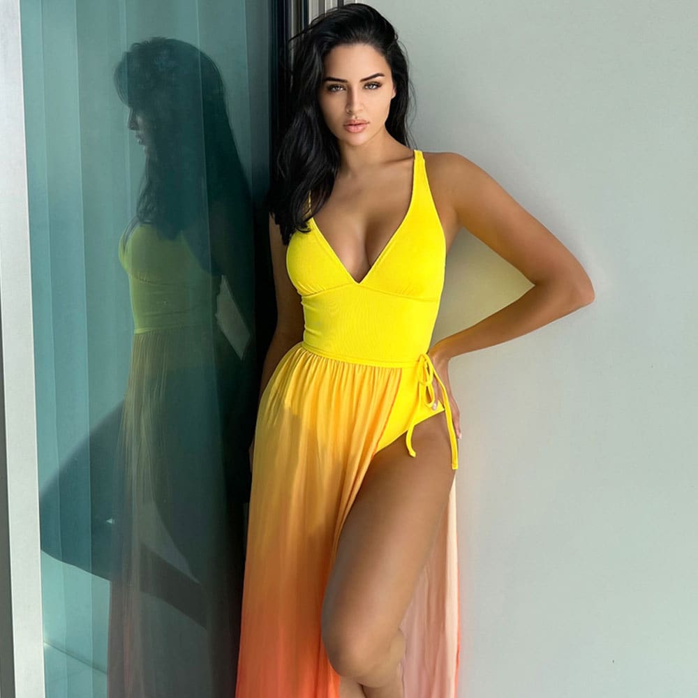 Ombré V Neck Sarong Brazilian Swimsuit - Yellow / S On sale