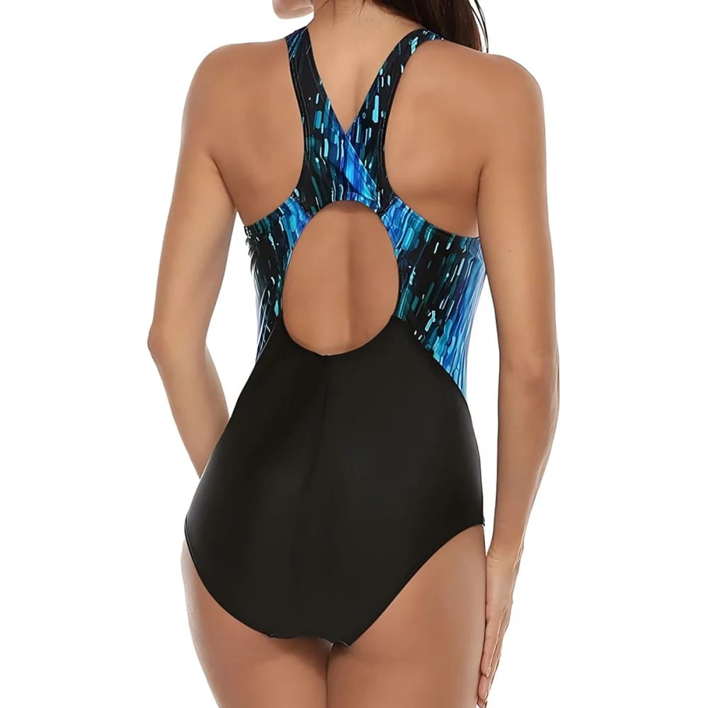 Sporty printed cross back one-piece swimsuit with black lower section and vibrant blue teal abstract upper back cutout