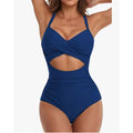 Royal blue one-piece swimsuit with V-neck twist bust and waist cutout panel
