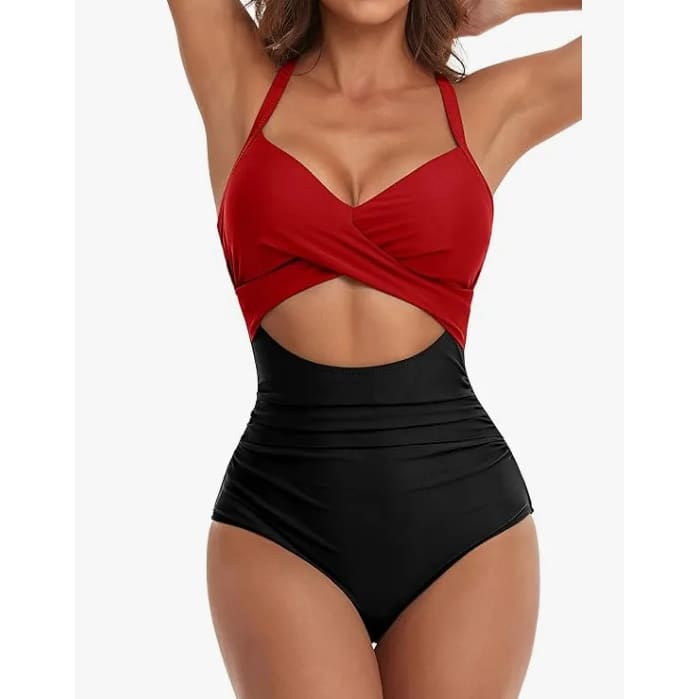One‑Piece Swimsuit – Tummy Control V‑Neck Cutout Design - 14 / S On sale