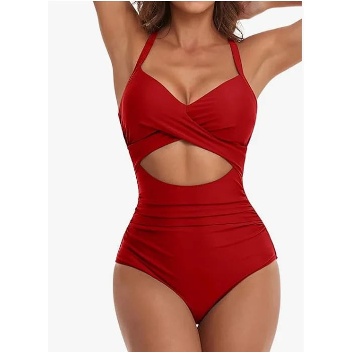 One‑Piece Swimsuit – Tummy Control V‑Neck Cutout Design - 15 / S On sale