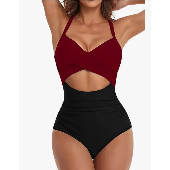 One‑Piece Swimsuit – Tummy Control V‑Neck Cutout Design - 16 / S On sale