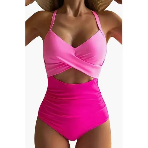 One-piece tummy control swimsuit in hot pink, V-neck, wrap twist, mid cutout