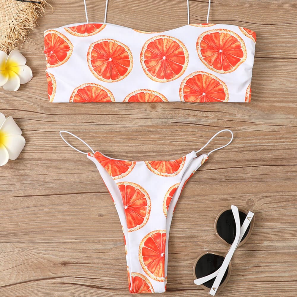 Orange Print Spaghetti Strap Bralette Brazilian Bikini - On sale