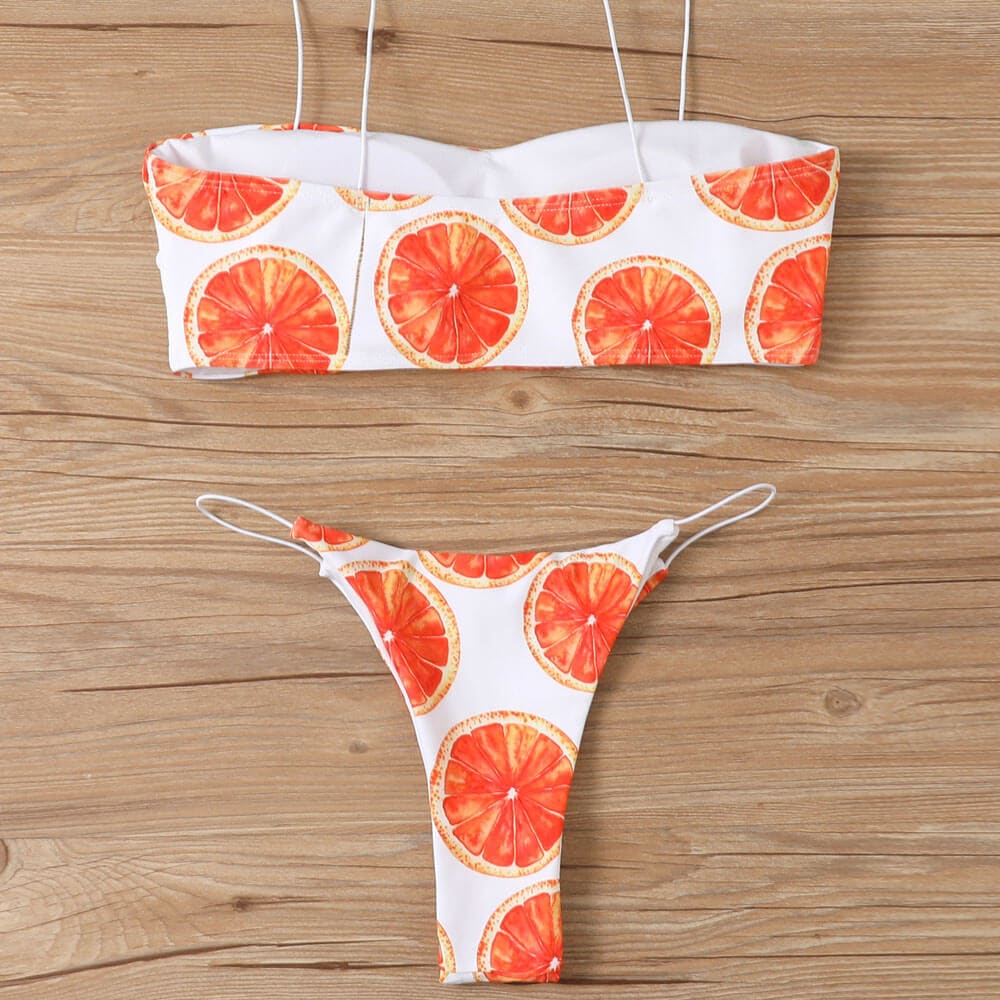 Orange Print Spaghetti Strap Bralette Brazilian Bikini - On sale