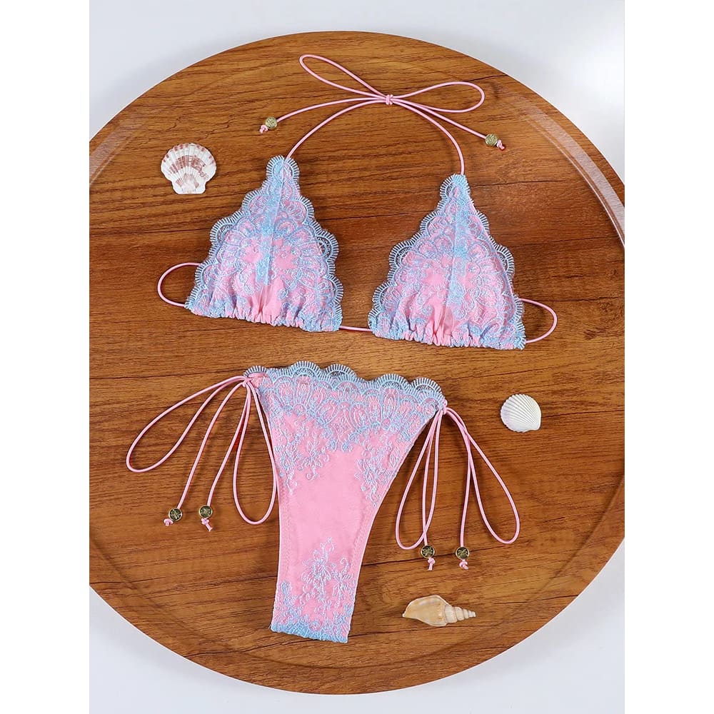 Pastel pink and light blue lace hollow-out bandage bikini set with scalloped edges and adjustable string ties with beads