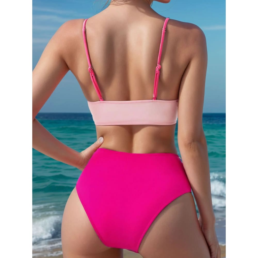 Patchwork Color‑Block High‑Waist Crisscross Bikini Set - On sale
